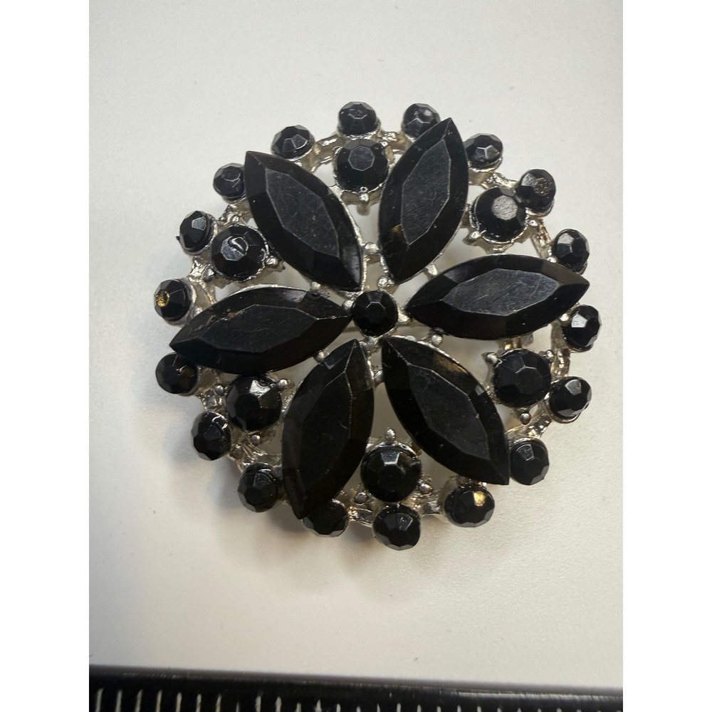 Vintage Silver Tone Black Rhinestone Floral Starburst Brooch Pendant 1.5‎ Inch